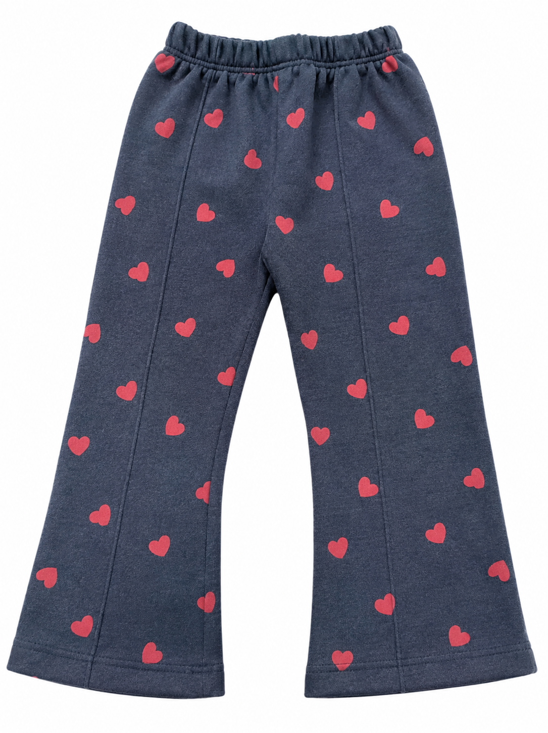 A pair of toddler's wide-leg sweatpants in heathered navy blue, featuring an all-over pattern of small pink hearts and an elastic waistband.