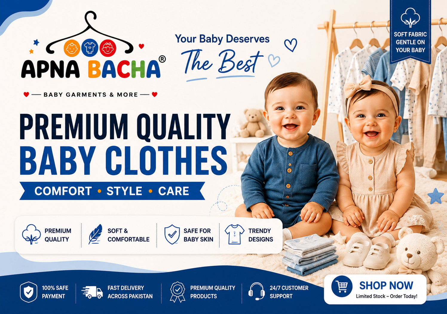 Kids Wear promotional banner featuring a child model wearing a red and blue plaid shirt over a light blue dress, alongside an orange polo shirt. The image includes text overlays 'KIDS WEAR', '30% OFF', 'Special offer', and 'SHOP NOW', with the Apna Bacha logo in the top right corner.1621243260e1af0c20-0