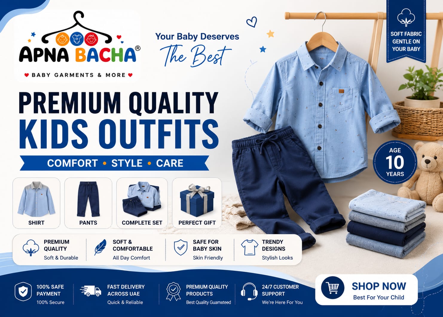 A promotional banner for Apna Bacha baby clothing, featuring a smiling baby sitting on a rug surrounded by folded clothes, a teddy bear in a basket, and baby accessories. The left side contains branding, product feature icons, and a 'Shop Now' button.1621243260e1af0c20-1