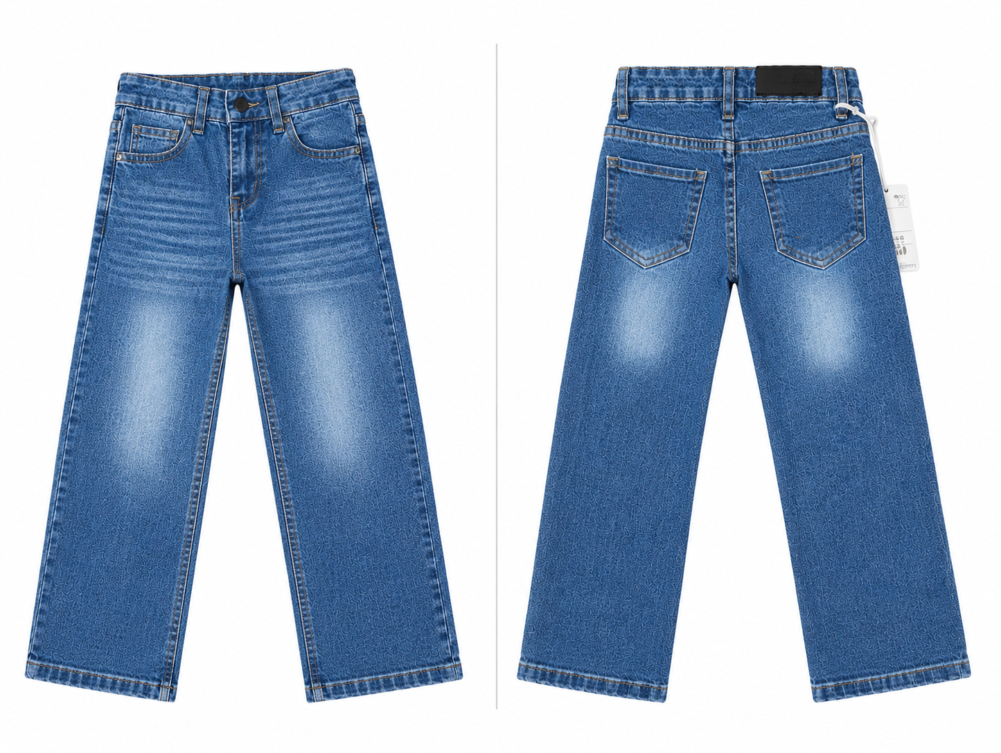 A pair of blue denim jeans shown from both the front and back views side-by-side on a white background.