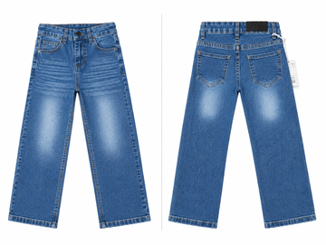 A pair of blue denim jeans shown from both the front and back views side-by-side on a white background.