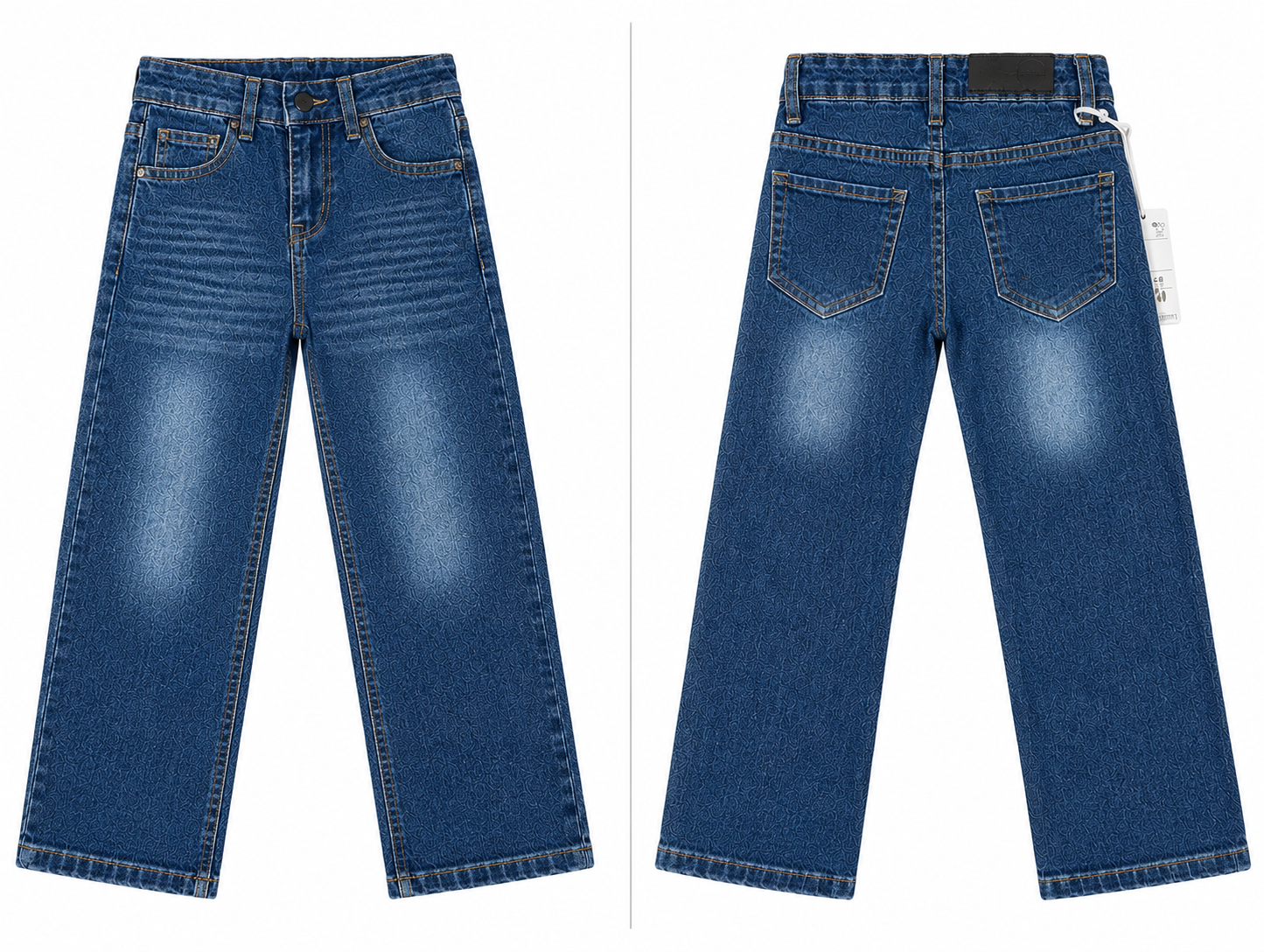 A pair of blue denim jeans shown from both the front and back views side-by-side on a plain white background.