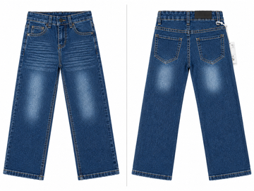 A pair of blue denim jeans shown from both the front and back views side-by-side on a plain white background.