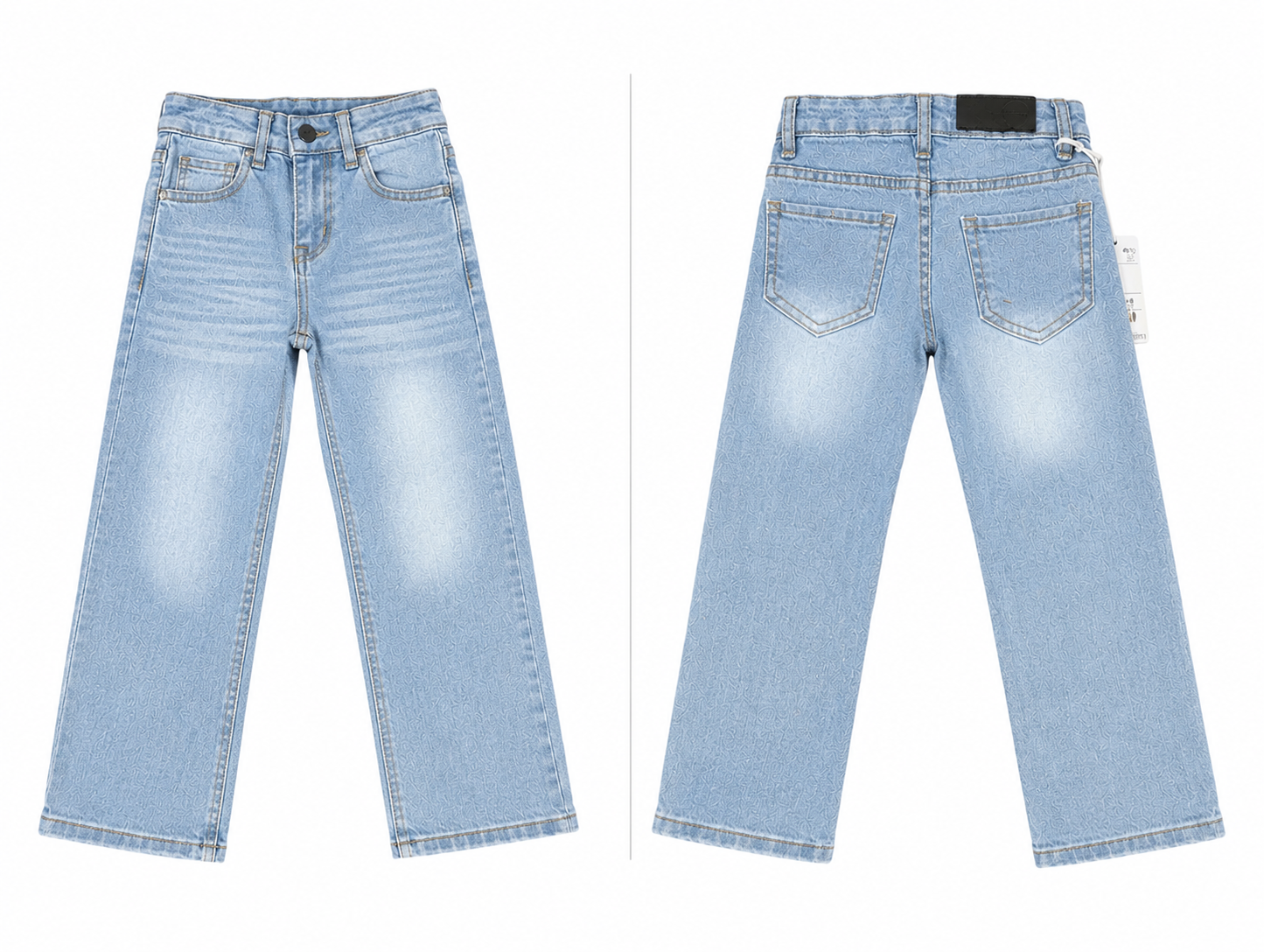 Light wash blue denim jeans shown from both the front and back views on a plain white background.