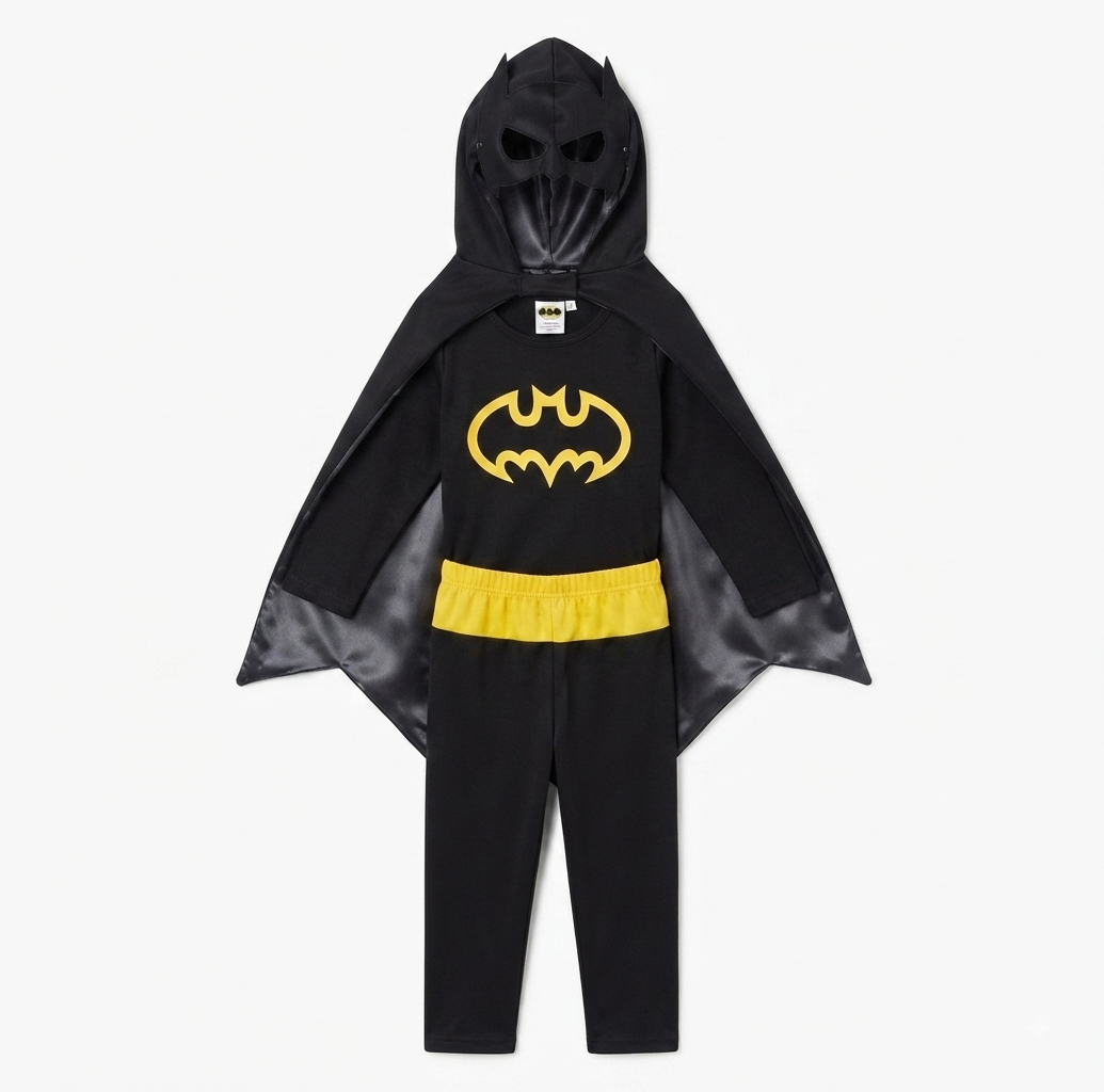 A children's Batman costume set consisting of a black hooded jumpsuit with a yellow Batman logo on the chest, a yellow utility belt, and matching black cape with gray trim, shown against a plain light background.