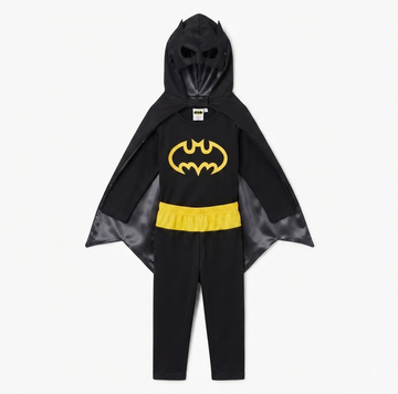 A children's Batman costume set consisting of a black hooded jumpsuit with a yellow Batman logo on the chest, a yellow utility belt, and matching black cape with gray trim, shown against a plain light background.