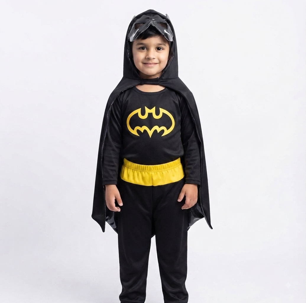 A young child wearing a Batman costume consisting of a black hooded cape with a clear visor, a black long-sleeve top with a yellow Batman logo, a yellow waistband, and black pants, photographed against a plain light gray studio background.