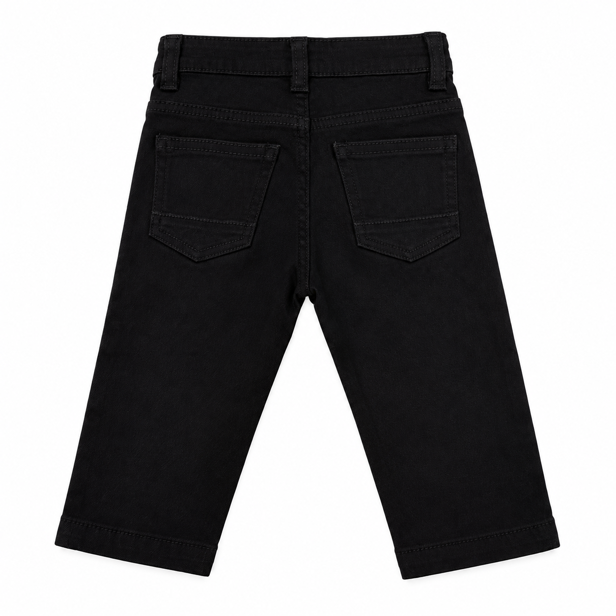 Black denim cropped pants shown from the back, featuring two large back pockets, belt loops, and a straight-leg silhouette, photographed on a solid white background.