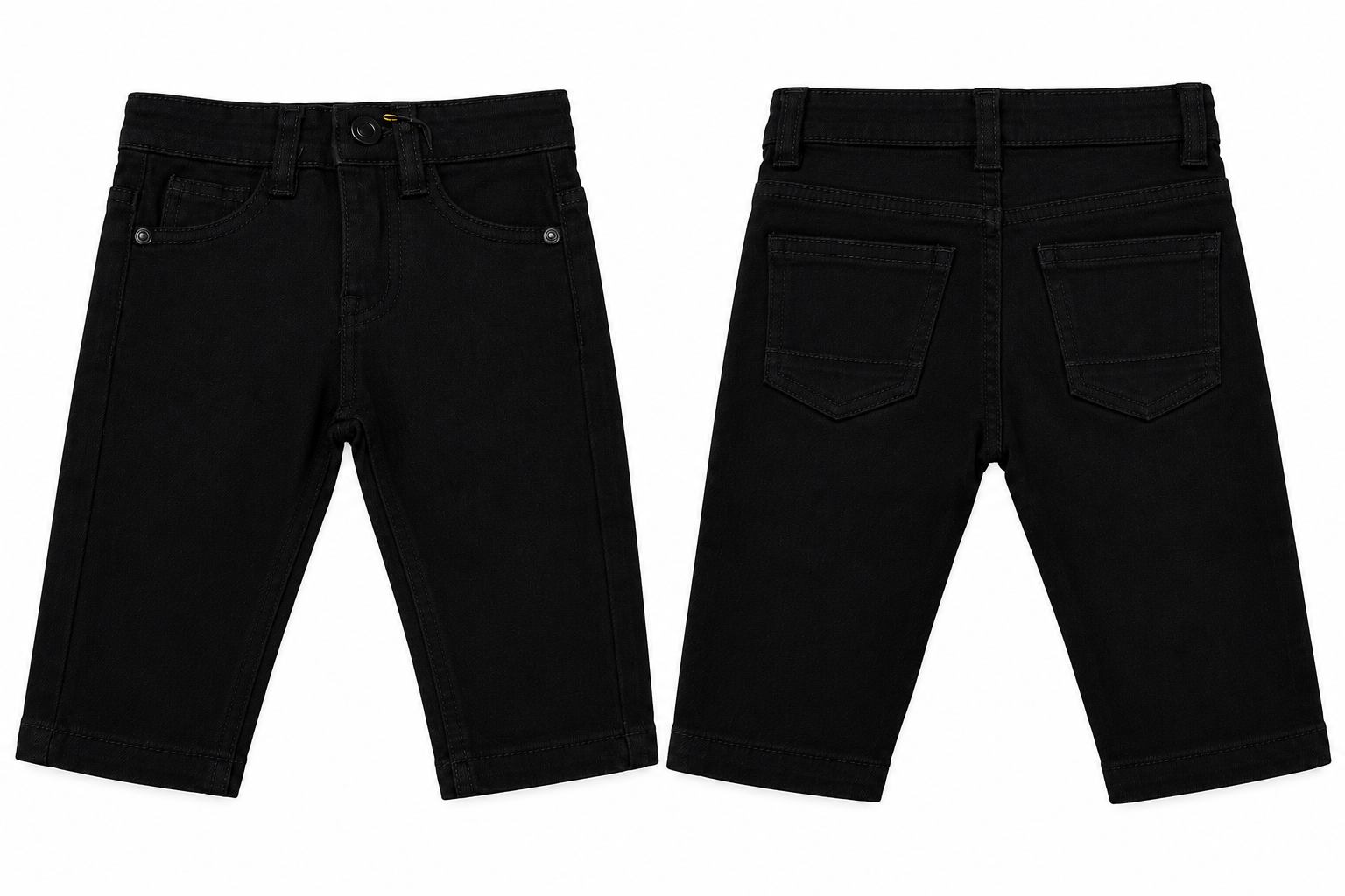 Black denim shorts shown from both the front and back views on a plain white background.
