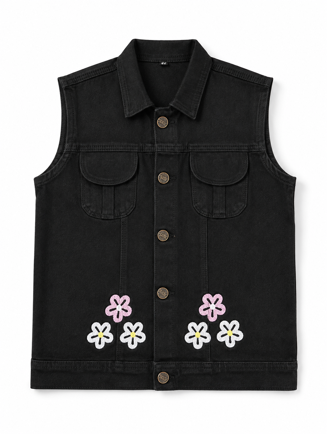 A black denim vest with a button-up front, two chest flap pockets, and embroidered daisy flower motifs in pink, white, and yellow near the lower front, shown on a plain white background.