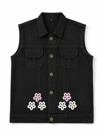 A black denim vest with a button-up front, two chest flap pockets, and embroidered daisy flower motifs in pink, white, and yellow near the lower front, shown on a plain white background.