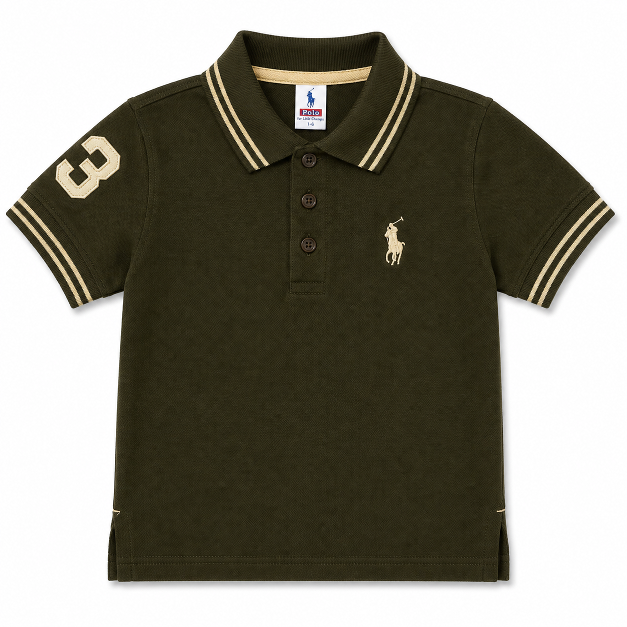 A dark olive green short-sleeve polo shirt for kids, featuring a beige embroidered polo player logo on the left chest, a beige number 3 on the right sleeve, and beige stripe accents on the collar and cuffs.