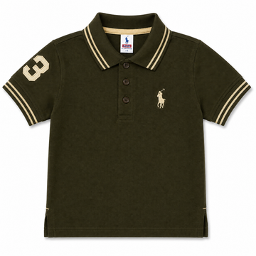 A dark olive green short-sleeve polo shirt for kids, featuring a beige embroidered polo player logo on the left chest, a beige number 3 on the right sleeve, and beige stripe accents on the collar and cuffs.