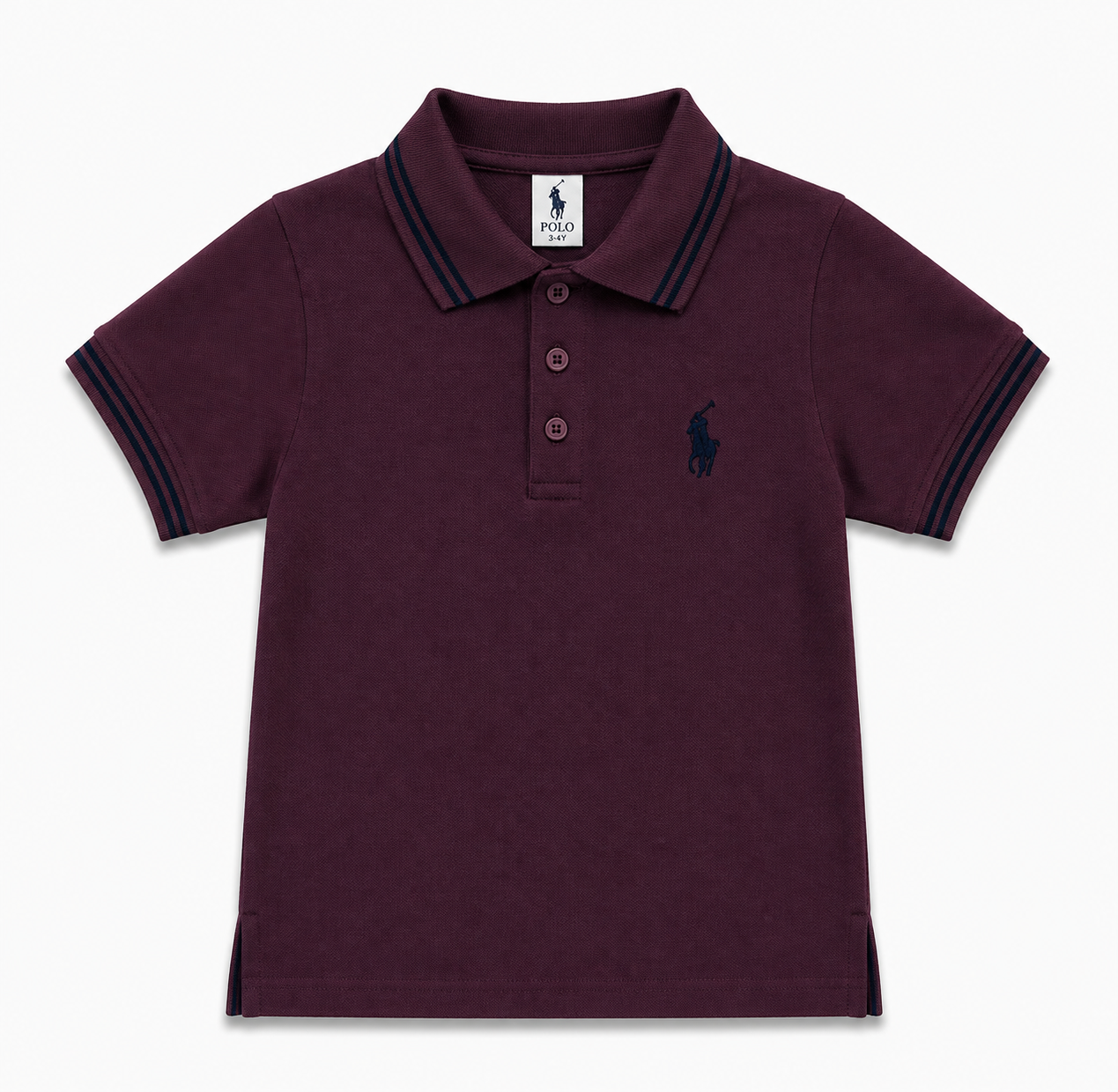 A kids' short-sleeve polo shirt in deep burgundy, featuring a navy blue embroidered Polo Ralph Lauren pony logo on the left chest and navy blue trim on the collar and sleeve cuffs, set against a clean white background.