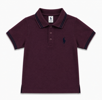 A kids' short-sleeve polo shirt in deep burgundy, featuring a navy blue embroidered Polo Ralph Lauren pony logo on the left chest and navy blue trim on the collar and sleeve cuffs, set against a clean white background.