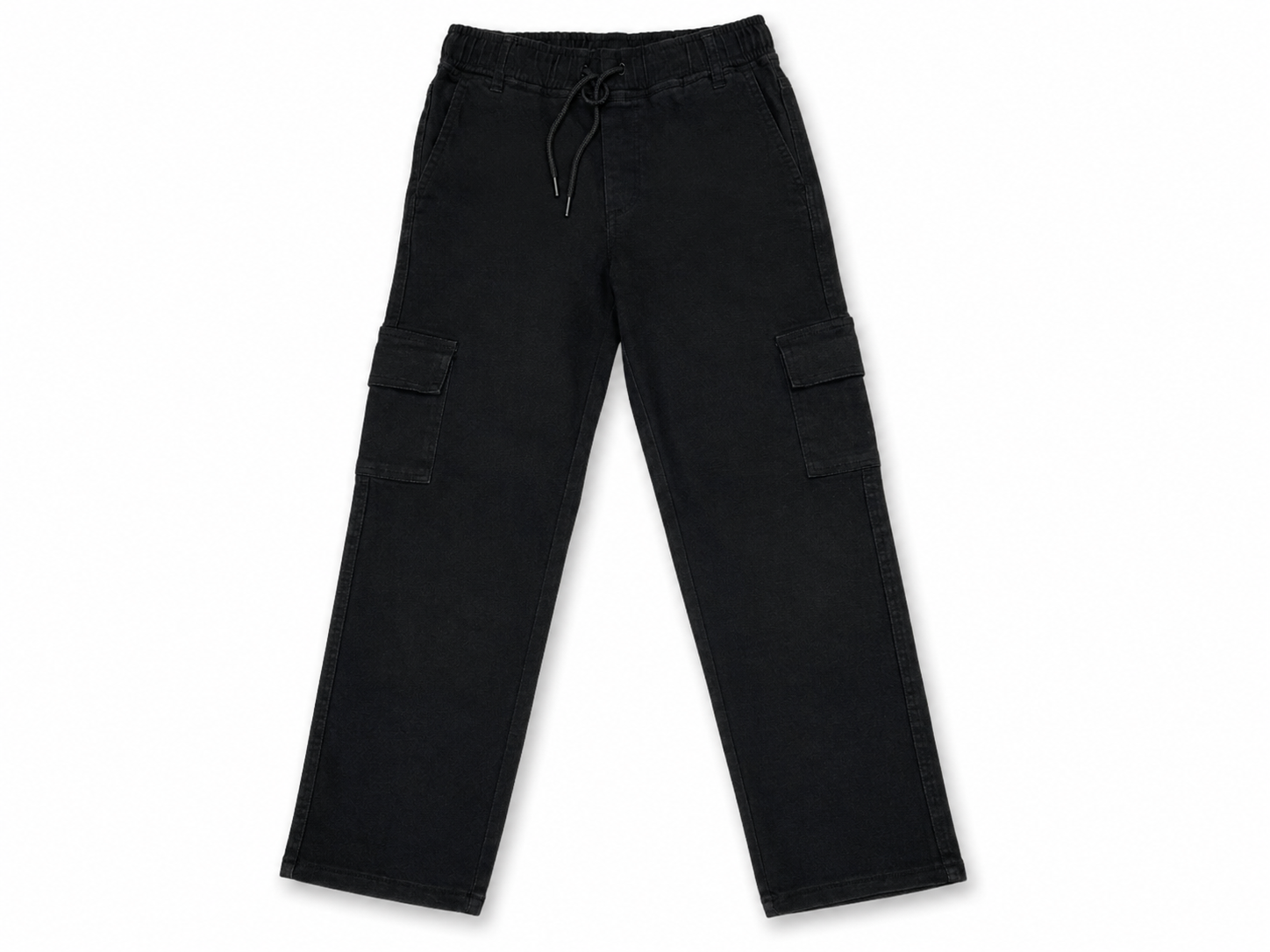 Black cargo-style pants with an elastic drawstring waist and flap side cargo pockets, shown flat against a white background.