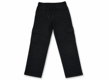 Black cargo-style pants with an elastic drawstring waist and flap side cargo pockets, shown flat against a white background.