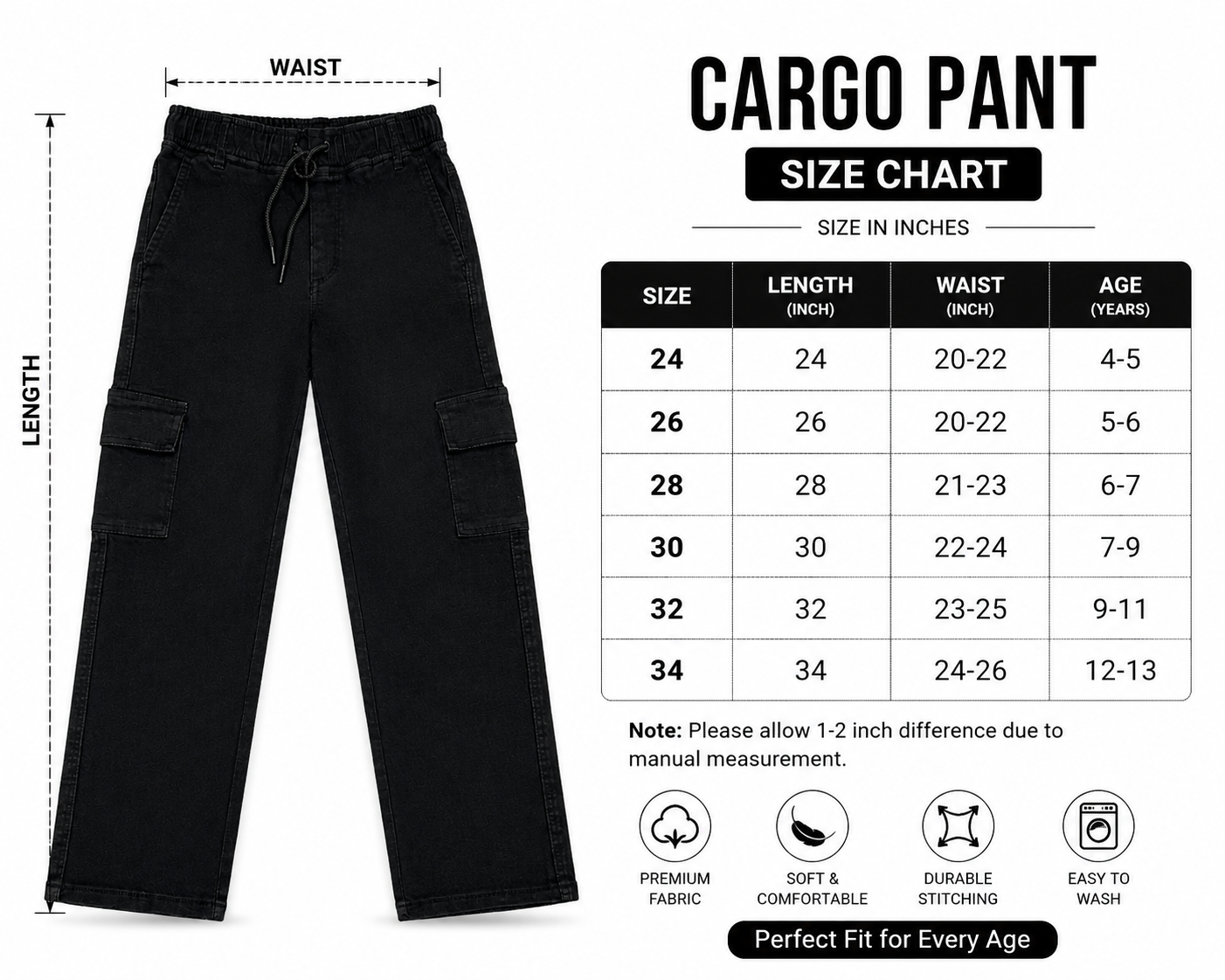 A cargo pant size chart graphic showing a pair of black cargo pants on the left with waist and length measurement lines, plus a size table on the right for sizes 24 through 34 with corresponding waist and age ranges.