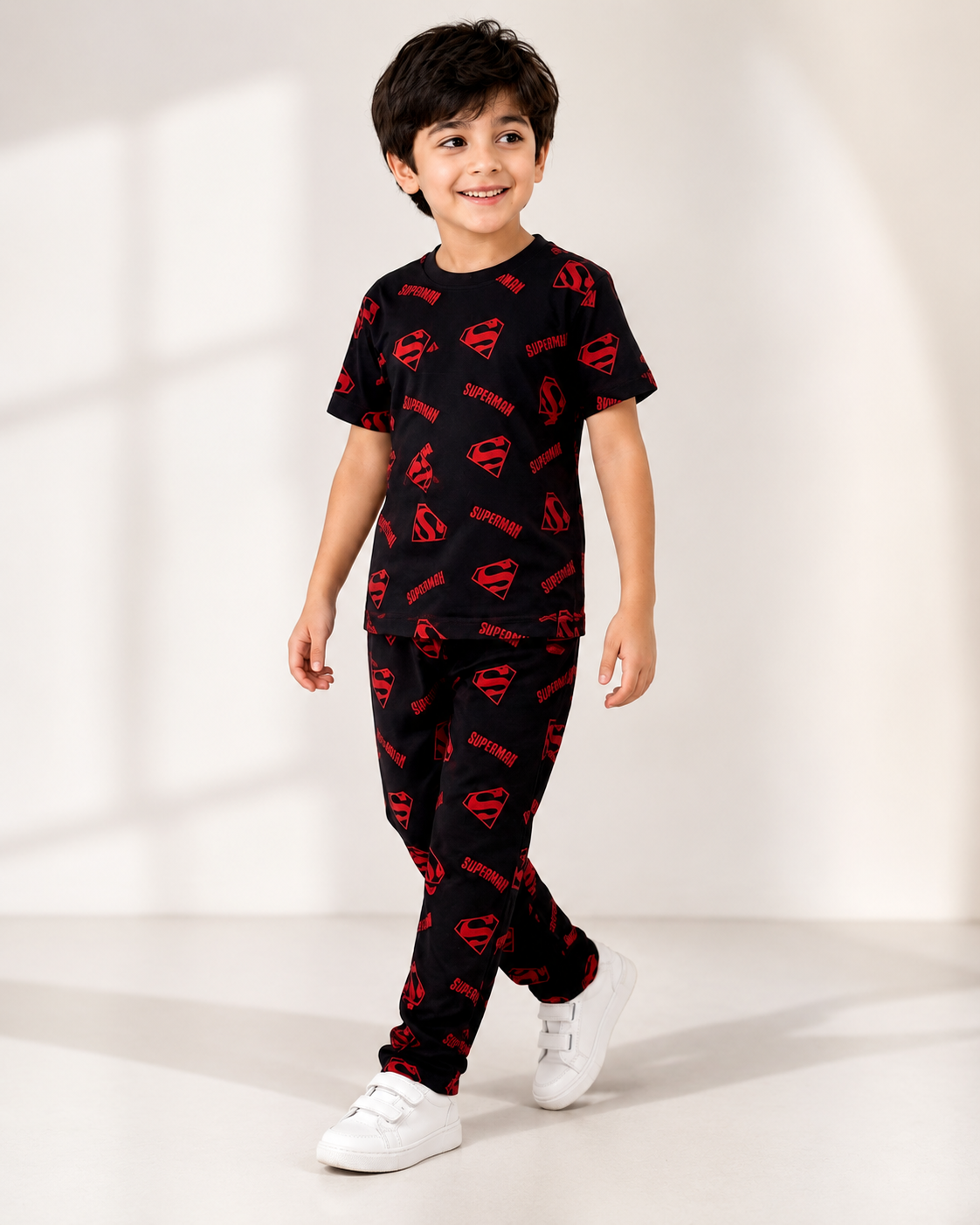 Black with Red print Printed Kids Night Suits