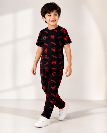Black with Red print Printed Kids Night Suits