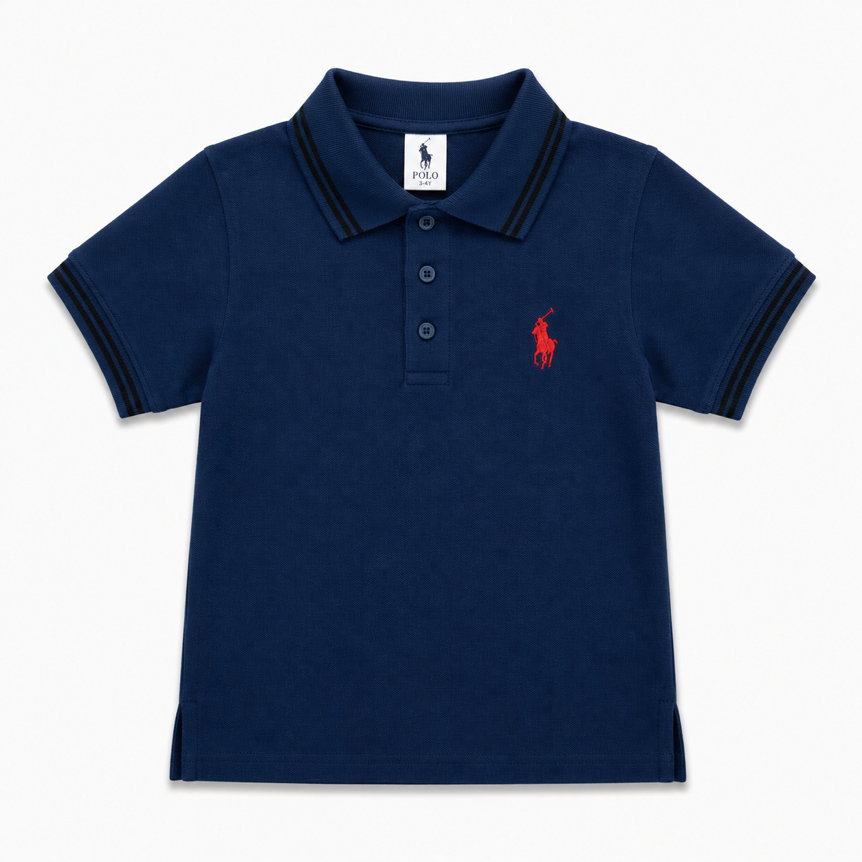 A navy blue short-sleeve polo shirt by Polo Ralph Lauren, featuring a classic collar with black stripe trim, a three-button placket, and the signature red embroidered pony logo on the left chest, displayed on a clean white background.
