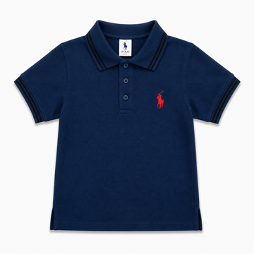 A navy blue short-sleeve polo shirt by Polo Ralph Lauren, featuring a classic collar with black stripe trim, a three-button placket, and the signature red embroidered pony logo on the left chest, displayed on a clean white background.