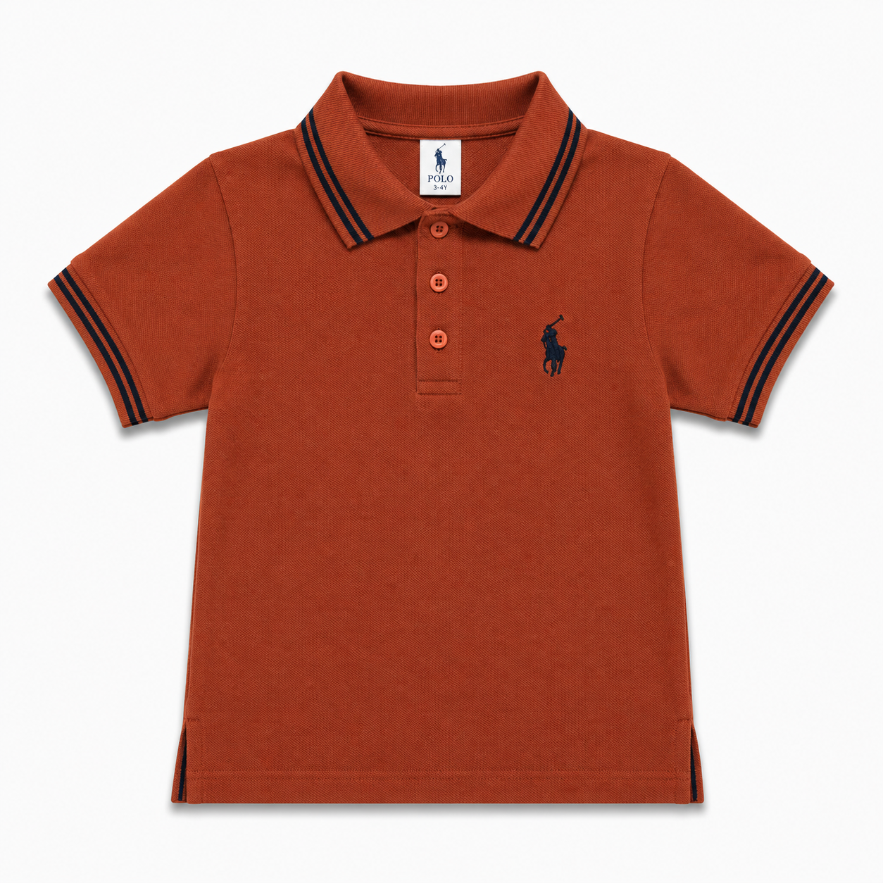 A toddler's short-sleeve polo shirt in terracotta orange, featuring navy blue double-stripe trim on the collar and cuffs, and the signature embroidered navy blue Polo pony logo on the left chest.