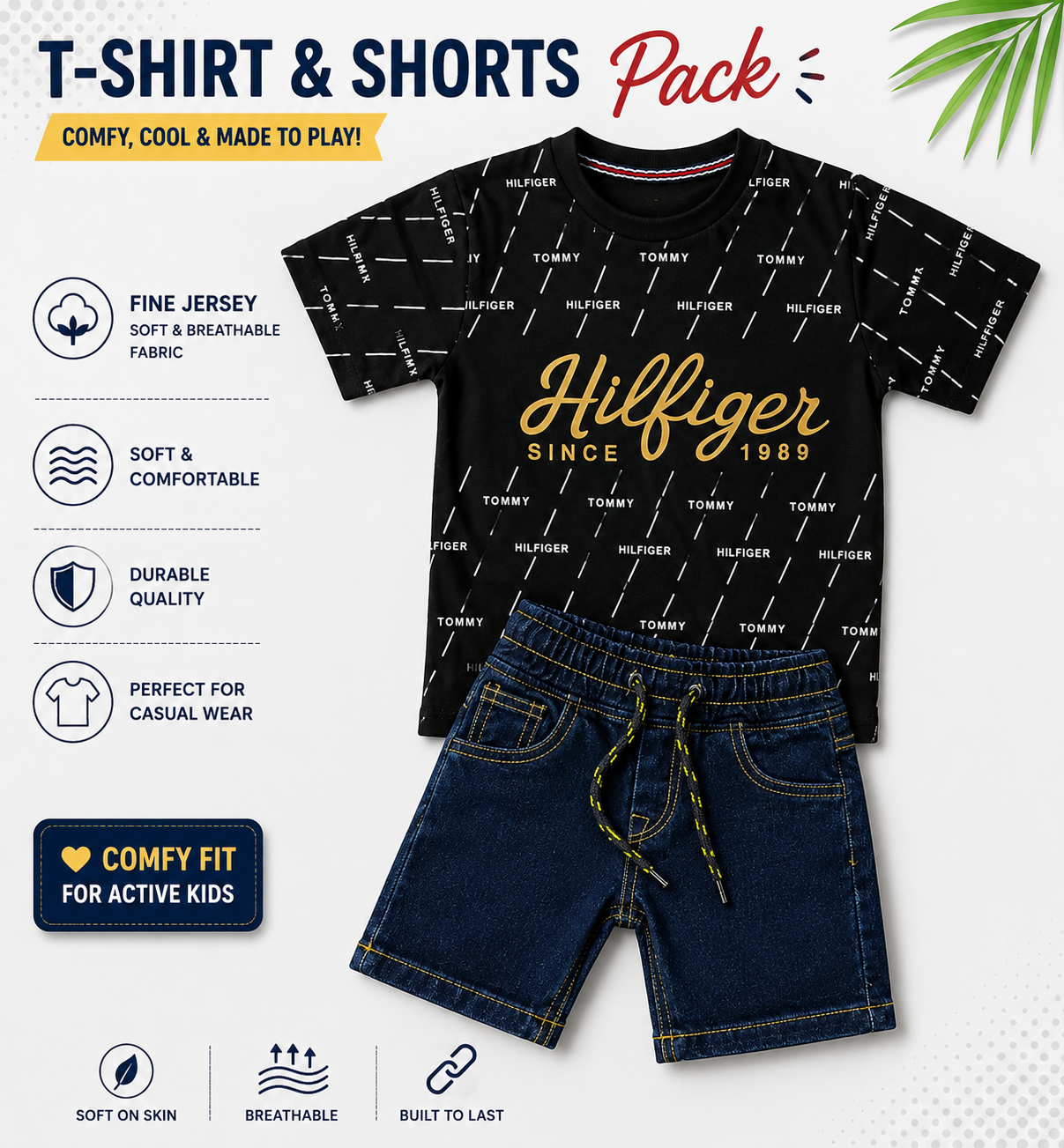 A children's T-shirt and shorts pack shown on a light gray background with marketing text and icons. The set includes a black short-sleeve T-shirt with repeated white Tommy Hilfiger text and a large gold 'Hilfiger Since 1989' logo, paired with dark blue denim shorts with a yellow drawstring.