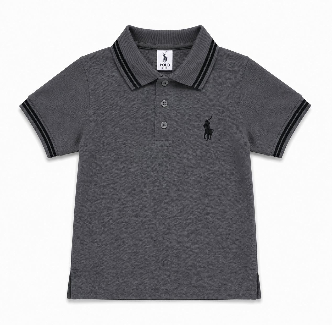 A dark gray short-sleeve polo shirt by Polo Ralph Lauren, featuring a black embroidered pony logo on the left chest and black striped trim on the collar and sleeve cuffs.