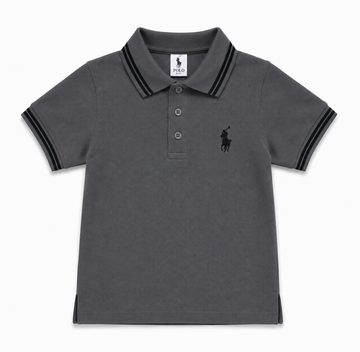 A dark gray short-sleeve polo shirt by Polo Ralph Lauren, featuring a black embroidered pony logo on the left chest and black striped trim on the collar and sleeve cuffs.