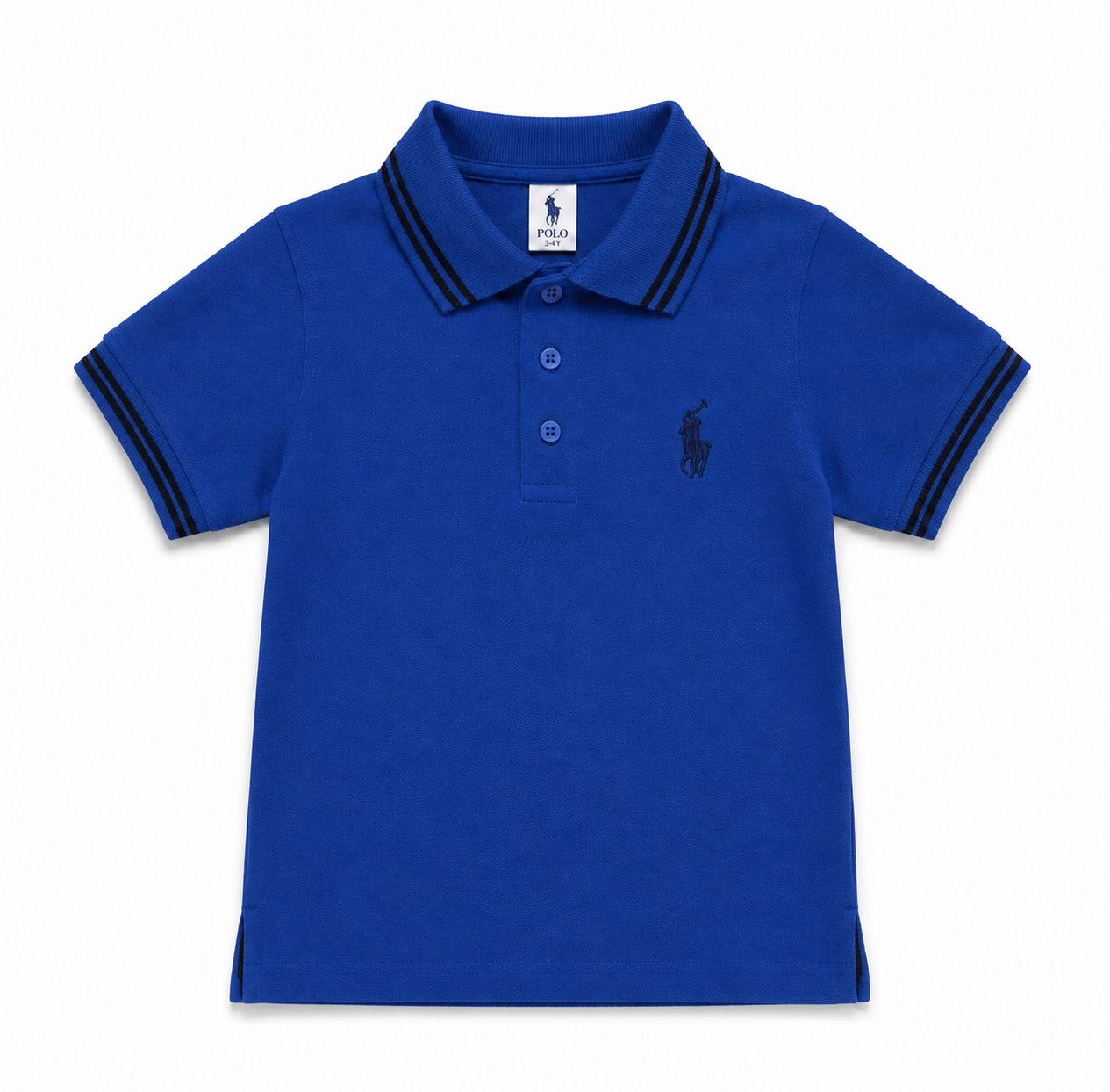 A royal blue short-sleeve polo shirt for kids by Polo Ralph Lauren, featuring a classic collar with dark navy stripes, a three-button placket, and the signature embroidered pony logo on the left chest.