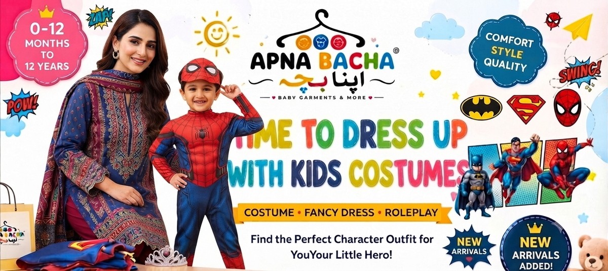 Promotional banner for Apna Bacha Kids Costume Center featuring a woman and a young boy dressed in superhero costumes, with text reading 'Time to Dress Up with Kids Costumes' and various character logos including Spider-Man, Batman, Superman, and Marvel.