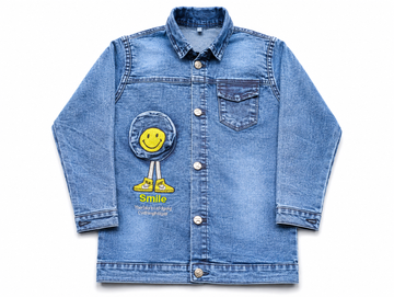 A light blue denim jacket for kids, featuring a yellow smiley face patch applique on the front pocket with the word 'Smile' written below it, shown against a plain white background.