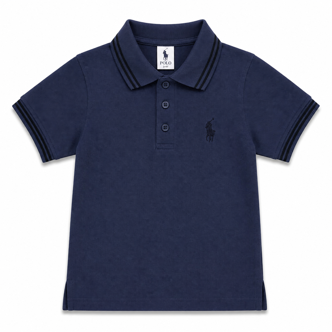 A navy blue short-sleeve polo shirt for kids by Polo Ralph Lauren, featuring a three-button placket and the signature embroidered polo player logo on the left chest.