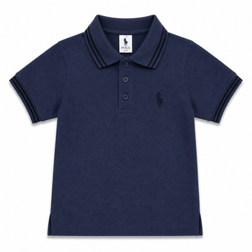 A navy blue short-sleeve polo shirt for kids by Polo Ralph Lauren, featuring a three-button placket and the signature embroidered polo player logo on the left chest.