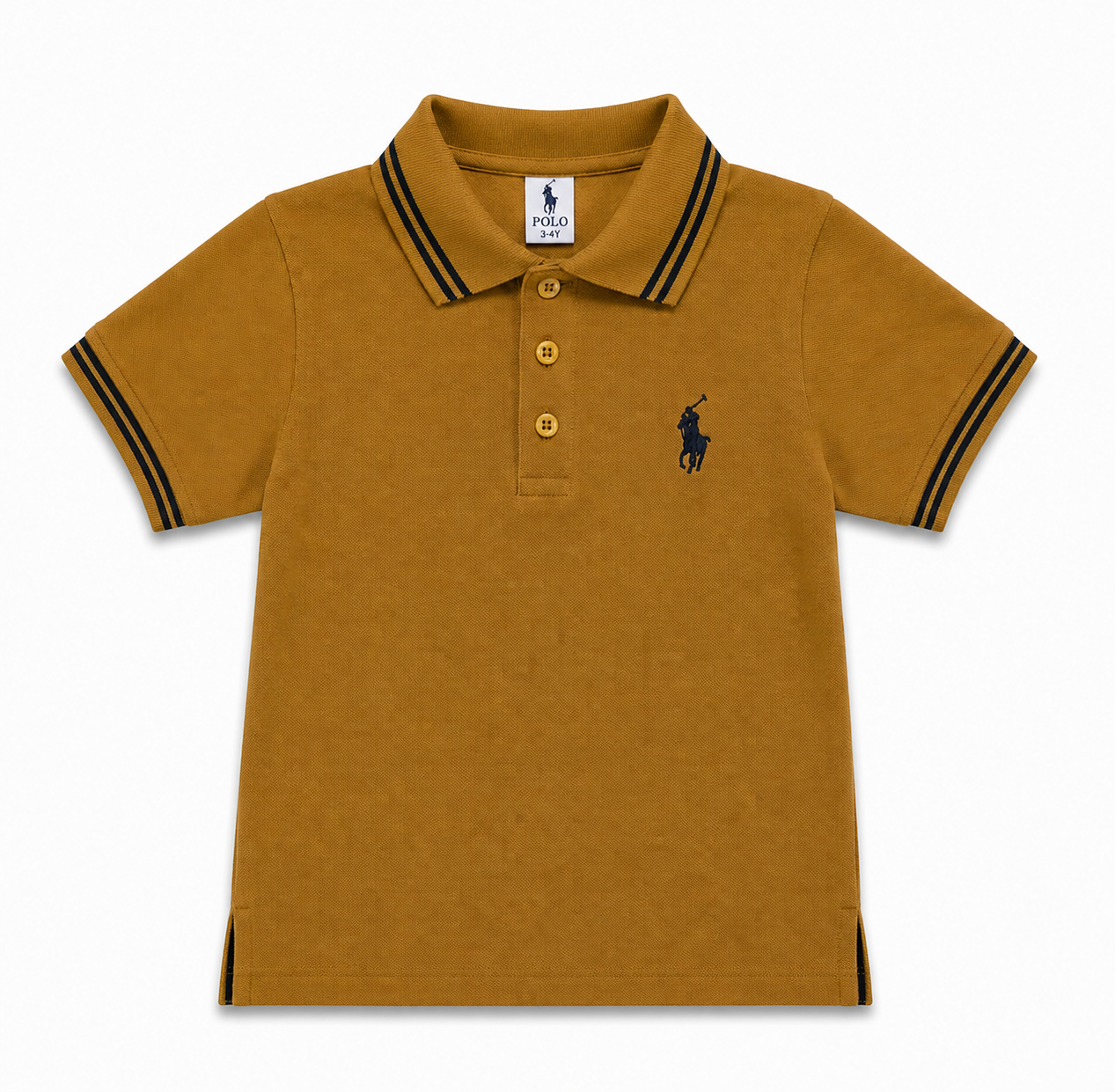 A kids' short-sleeve polo shirt in a warm mustard yellow color, featuring black double-stripe detailing on the collar and sleeve cuffs, three gold buttons, and the signature navy blue embroidered Polo Ralph Lauren pony logo on the left chest.