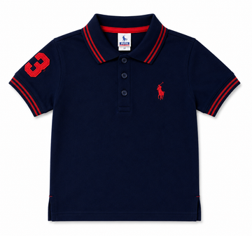 A navy blue short-sleeve polo shirt for kids, featuring red double stripes on the collar and sleeve cuffs, a red number 3 on the right sleeve, and the classic red embroidered polo player logo on the left chest. The shirt is displayed flat against a solid white background.