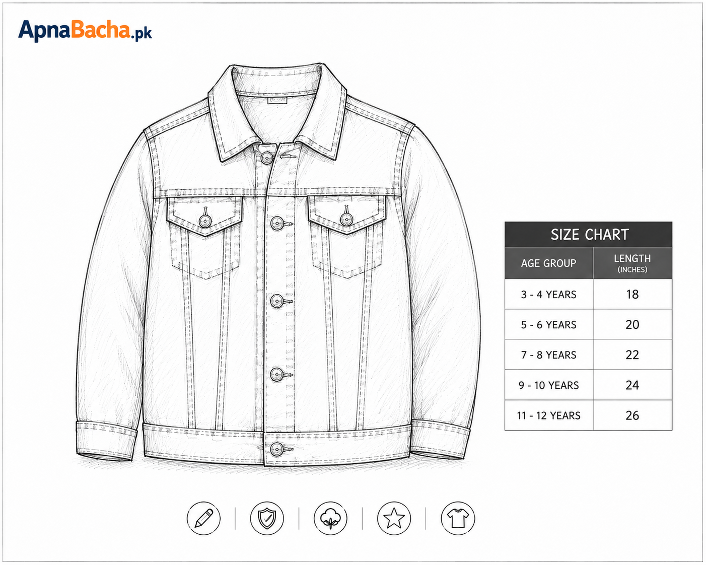 A black and white line drawing of a children's denim jacket shown on a white background, with a size chart table on the right and the ApnaBacha.pk logo at the top left.