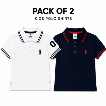 Two kids' short-sleeve polo shirts displayed side by side on a white background with the text 'PACK OF 2 KIDS POLO SHIRTS' above them. The left shirt is white with black striped collar and sleeve trim and a black embroidered pony logo.