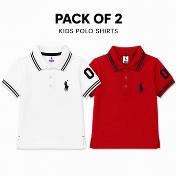 Two kids' short-sleeve polo shirts shown side by side on a white background with the text 'PACK OF 2 KIDS POLO SHIRTS' above them. The left shirt is white with black trim and a black embroidered pony logo.