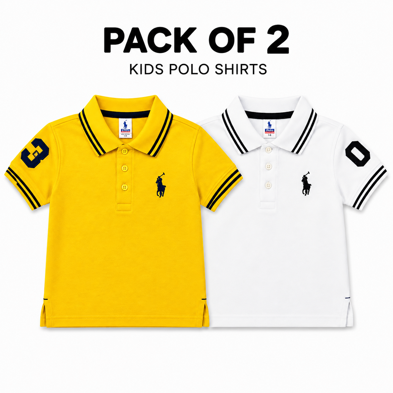 Two kids' short-sleeve polo shirts from Ralph Lauren Polo Ralph Lauren shown in a pack of 2 presentation. The left shirt is bright yellow with black and yellow striped collar and cuffs, featuring a navy blue polo player logo on the chest.