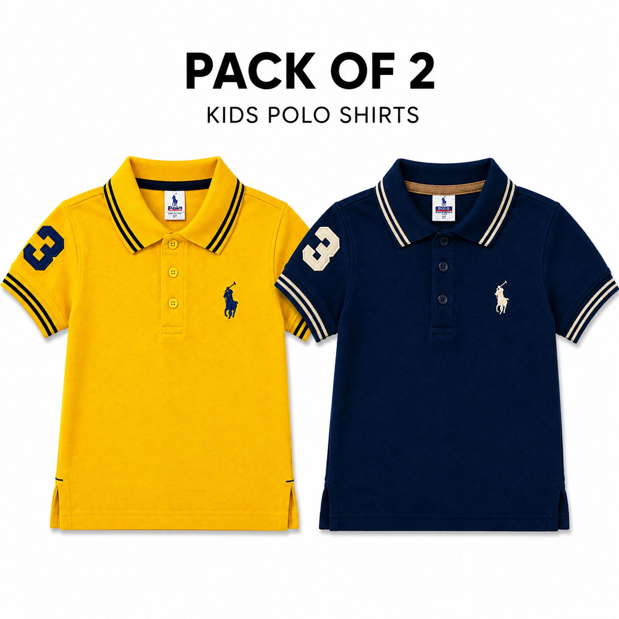 Two kids' short-sleeve polo shirts displayed side by side on a white background with the text 'PACK OF 2 KIDS POLO SHIRTS' above them. The left shirt is bright yellow with navy and white trim, and the right shirt is navy blue with white and navy trim.