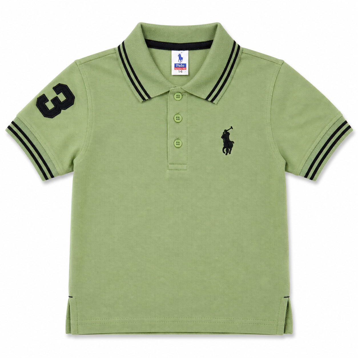 A light green short-sleeve polo shirt for kids, featuring a black embroidered polo player logo on the left chest, a black number 3 on the right sleeve, and black stripe accents on the collar and sleeve cuffs.