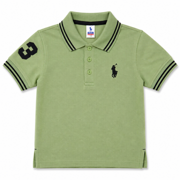A light green short-sleeve polo shirt for kids, featuring a black embroidered polo player logo on the left chest, a black number 3 on the right sleeve, and black stripe accents on the collar and sleeve cuffs.
