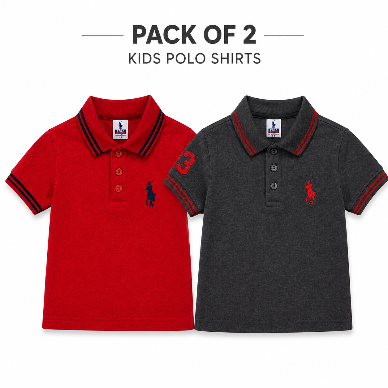 Two kids' short-sleeve polo shirts by Ralph Lauren shown side by side on a white background with the text 'PACK OF 2 KIDS POLO SHIRTS' above. The left shirt is bright red with dark navy trim, and the right shirt is dark heather gray with red trim.