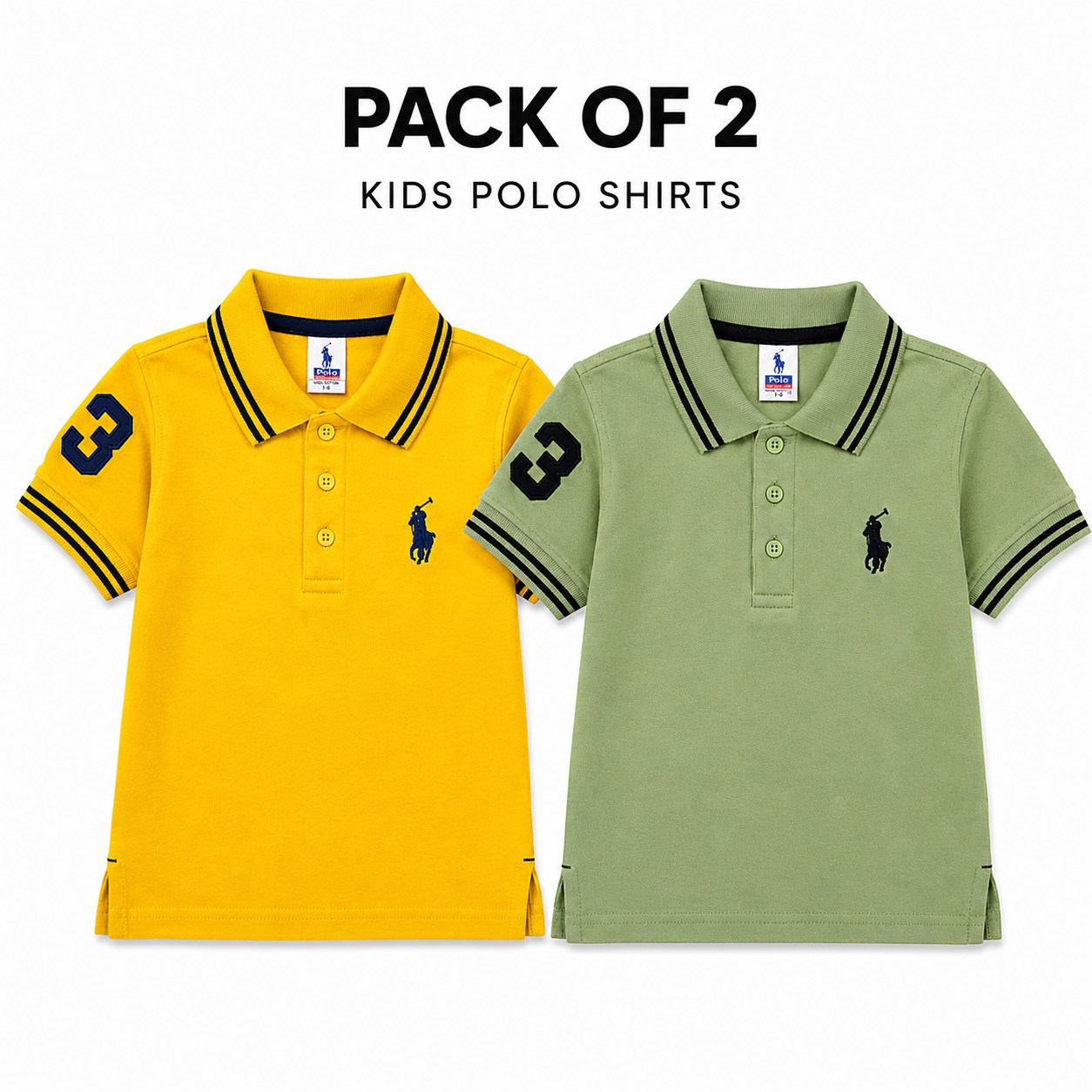 Two kids' short-sleeve polo shirts shown side by side on a white background with the text 'PACK OF 2 KIDS POLO SHIRTS' above them. The left shirt is bright yellow with black and yellow striped collar and sleeve trim, plus a navy Polo Ralph Lauren logo and a large number 3 on the sleeve.