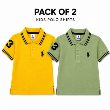 Two kids' short-sleeve polo shirts shown side by side on a white background with the text 'PACK OF 2 KIDS POLO SHIRTS' above them. The left shirt is bright yellow with black and yellow striped collar and sleeve trim, plus a navy Polo Ralph Lauren logo and a large number 3 on the sleeve.