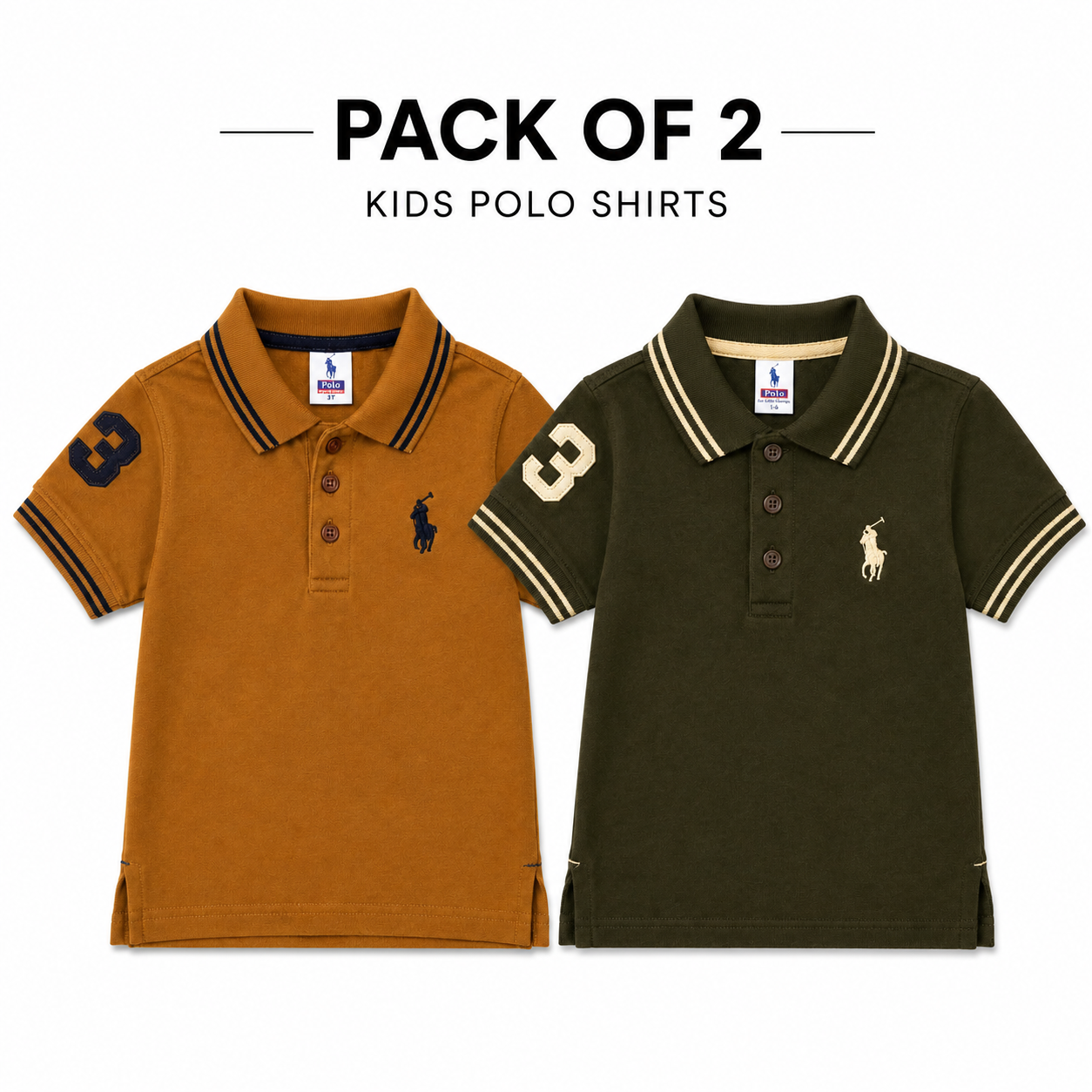 Two kids' short-sleeve polo shirts displayed side by side on a white background with the text 'PACK OF 2 KIDS POLO SHIRTS' above them. The left shirt is mustard brown with dark navy trim and a navy number 3 on the sleeve plus a navy polo player logo.