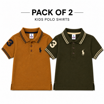 Two kids' short-sleeve polo shirts displayed side by side on a white background with the text 'PACK OF 2 KIDS POLO SHIRTS' above them. The left shirt is mustard brown with dark navy trim and a navy number 3 on the sleeve plus a navy polo player logo.