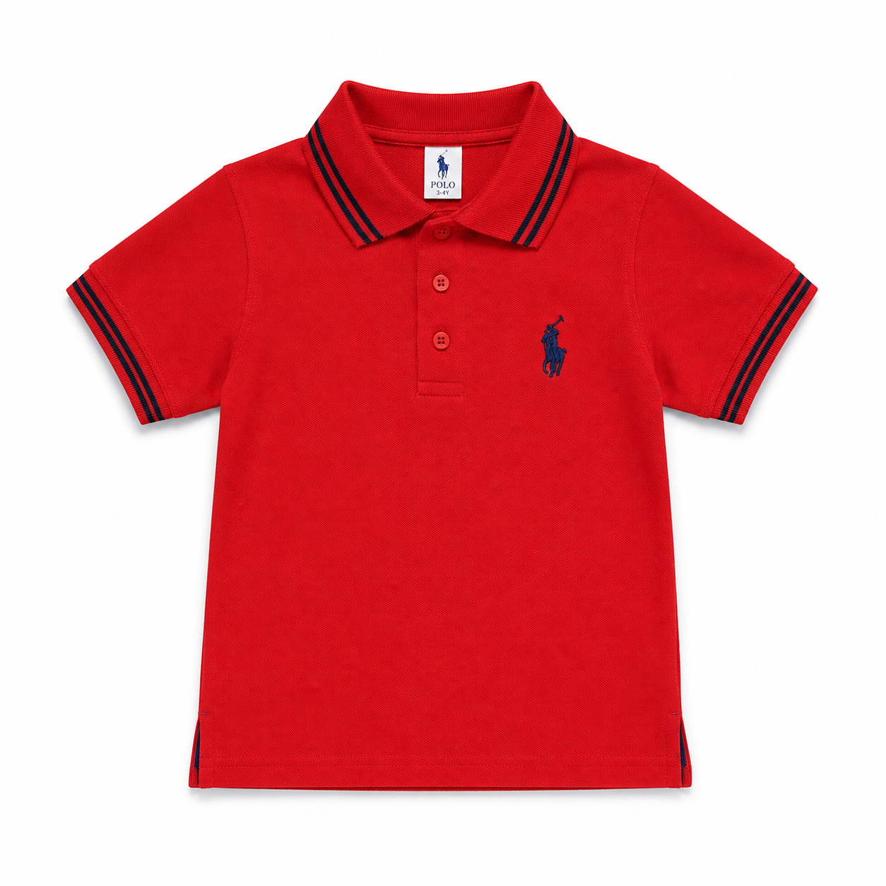 A young boy modeling a red short-sleeve polo shirt with navy blue trim with Pk Fabric and a small embroidered pony logo, paired with dark blue jeans and white sneakers, against a plain white background.